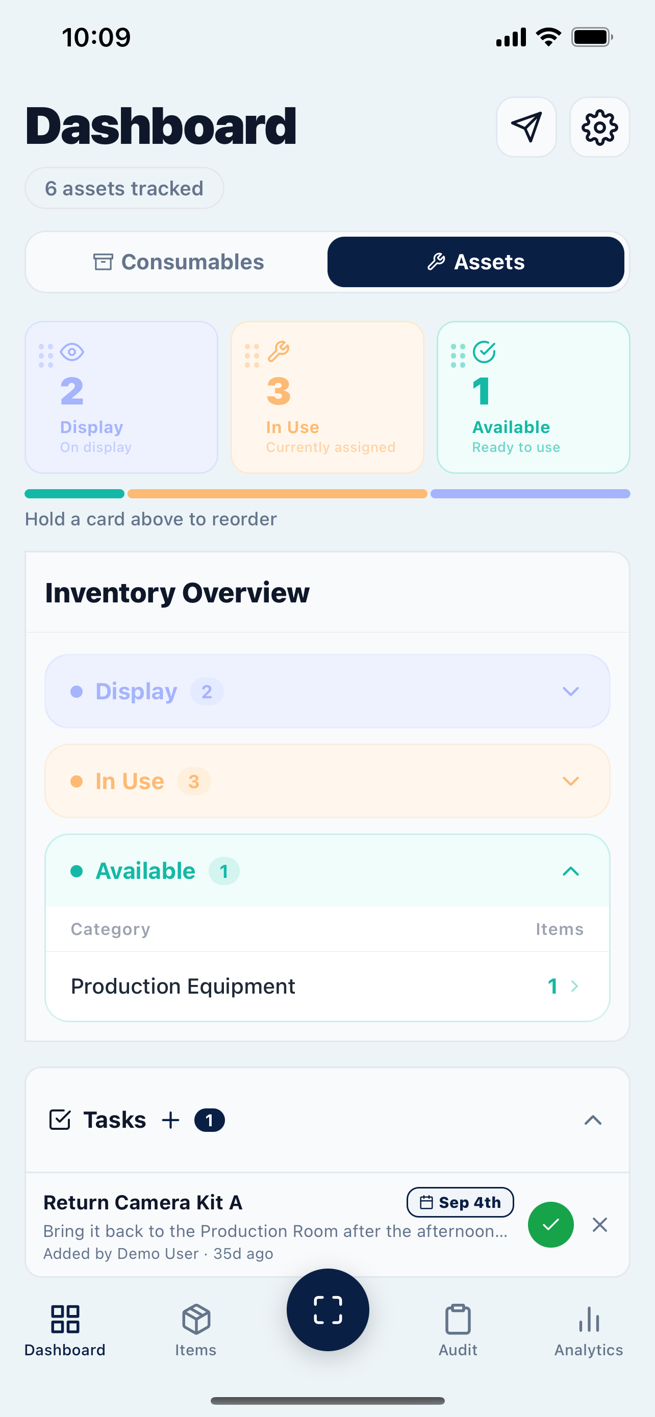 GLOUT assets dashboard with availability, usage, and tasks