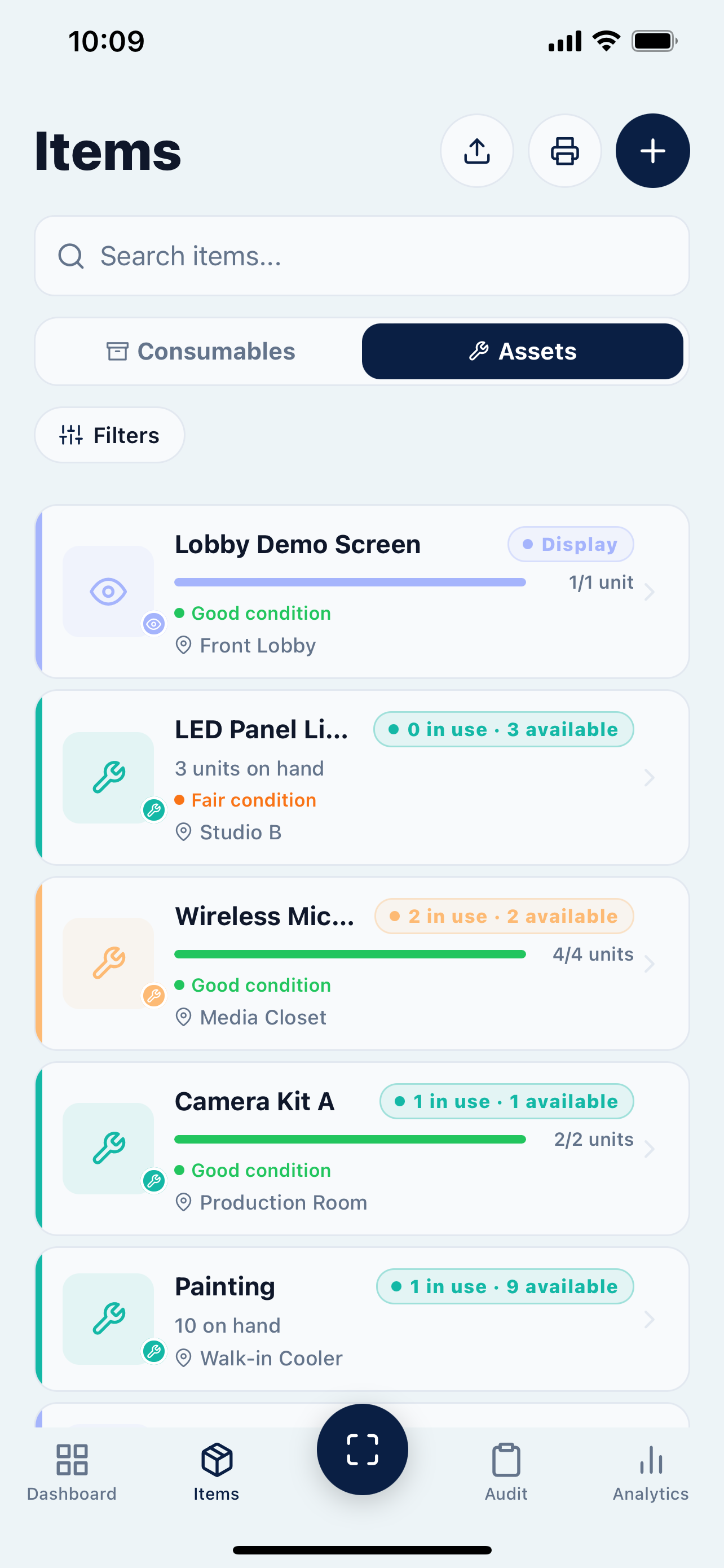 GLOUT asset inventory with locations, condition, and availability