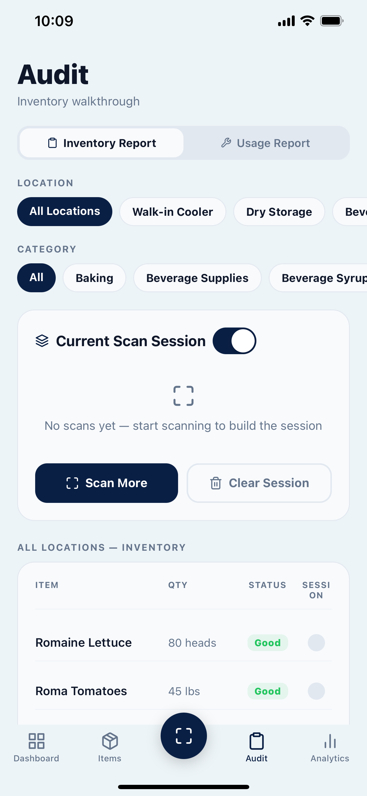 GLOUT inventory audit with scan-session controls and inventory report