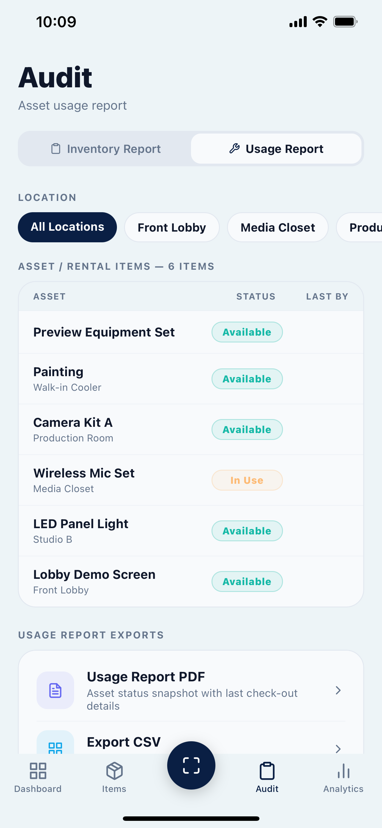 GLOUT asset usage report with PDF and CSV exports