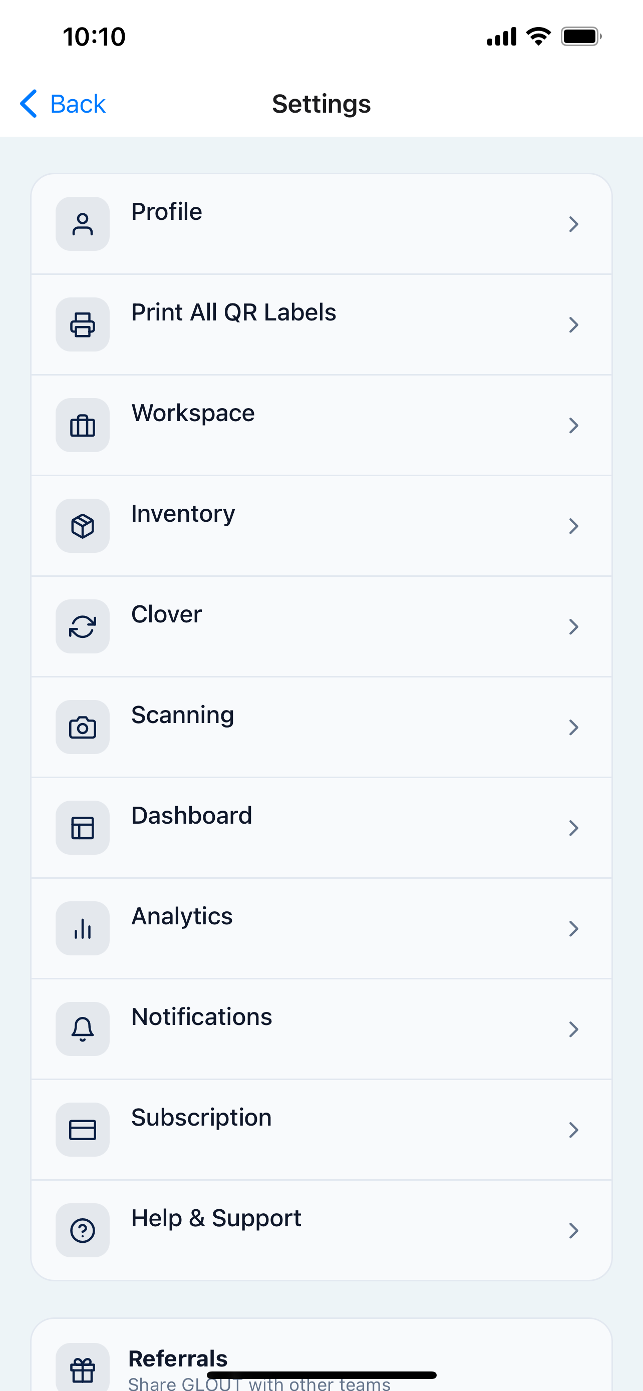 GLOUT settings with Print All QR Labels and Clover options