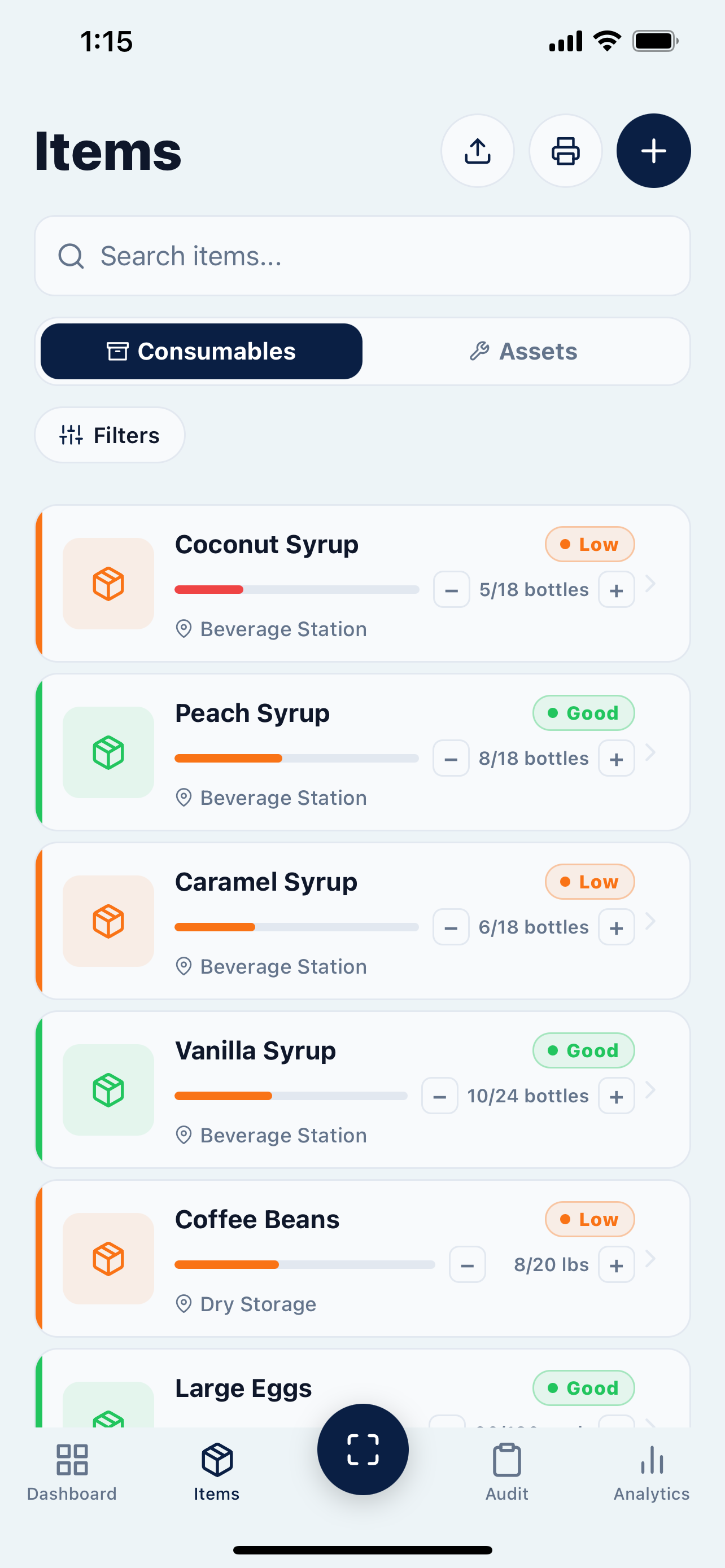 GLOUT consumables list with quantities and stock levels